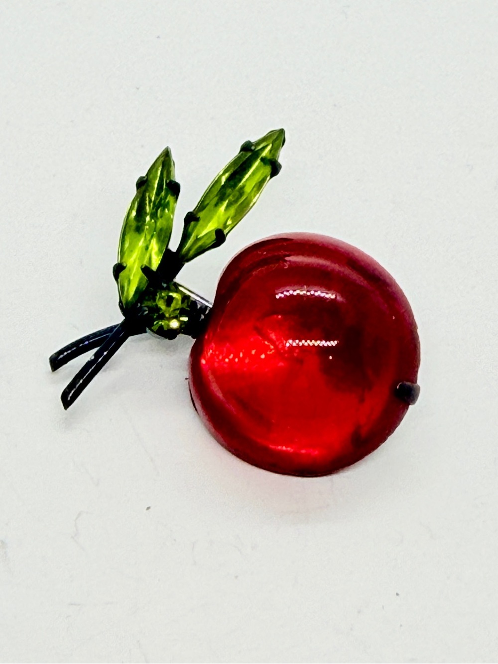 Vintage‎ Signed Austria Red Cherry Green Rhinestone Forbidden Fruit Brooch Pin